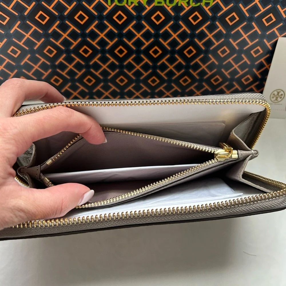Tory Burch Walker Zip Continental Wallet Gray Heron Gold Grey